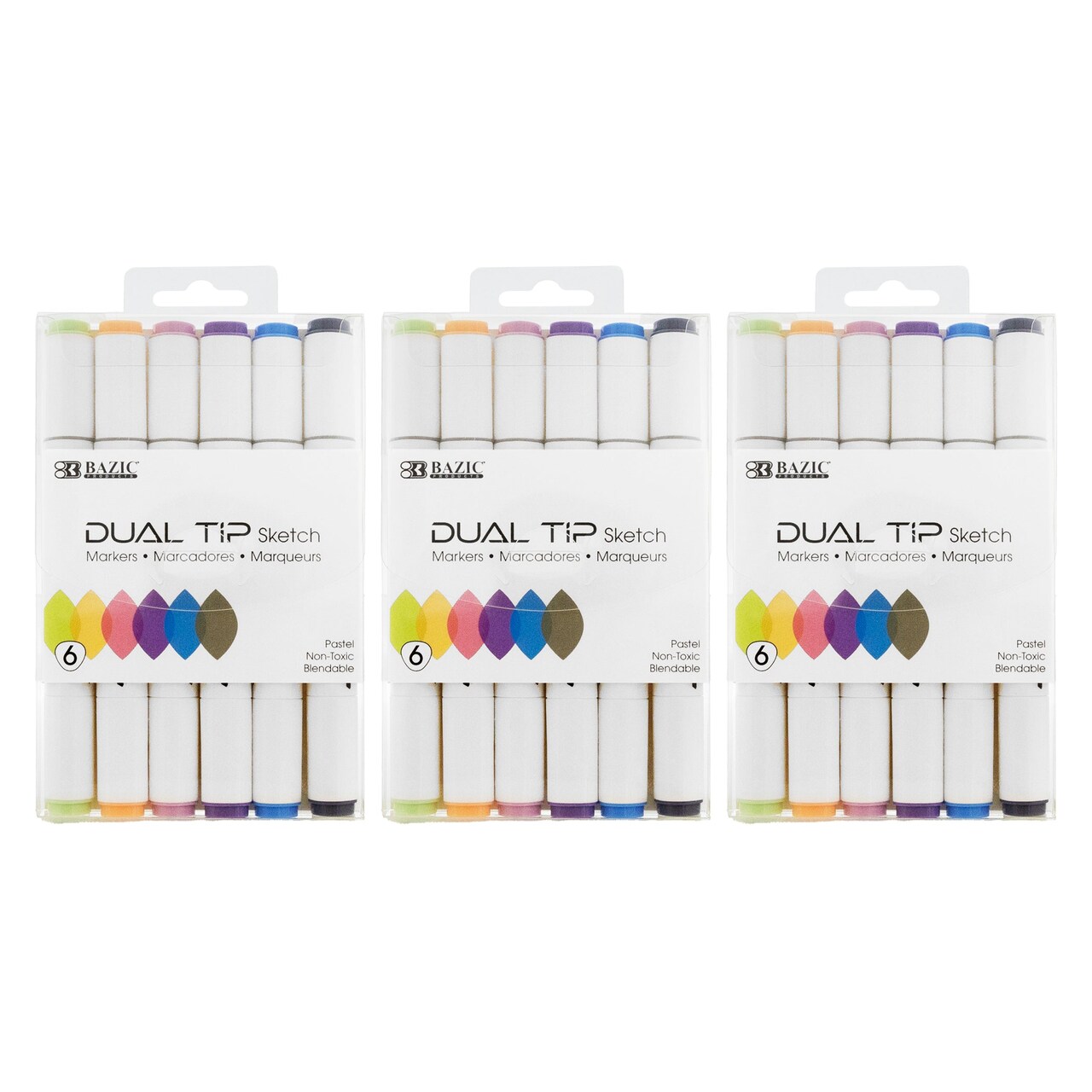Dual Tip Sketch Markers, Pastel Colors, 6 Per Pack, 3 Packs